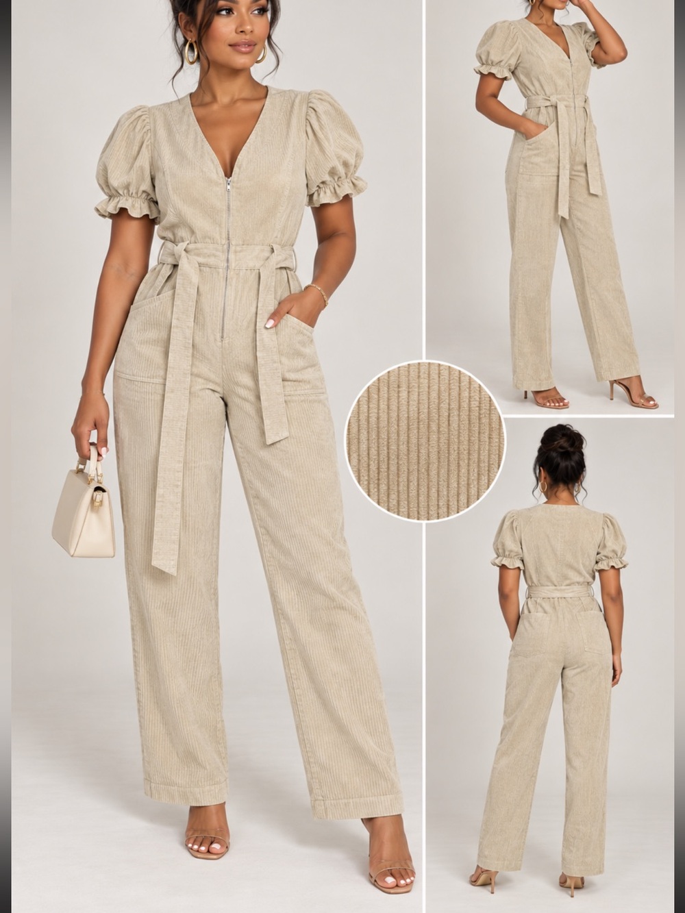 Sofie the Label FallFestival Ready cream Puff-Sleeve Corduroy Jumpsuit with Bel